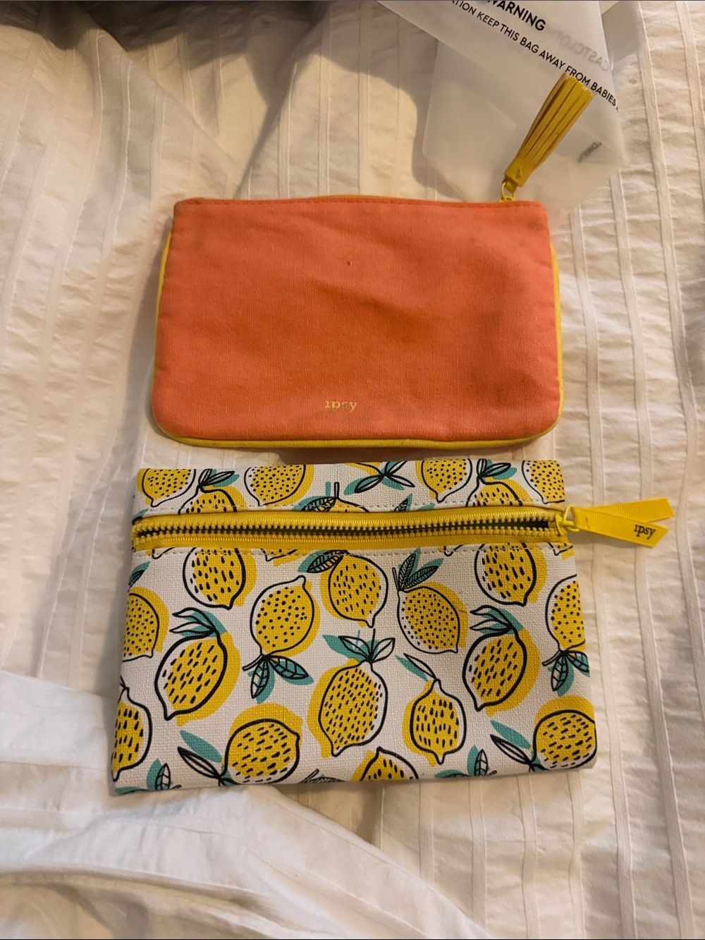 ipsy Coral and Yellow Lemon Print Cosmetic Pouch Set